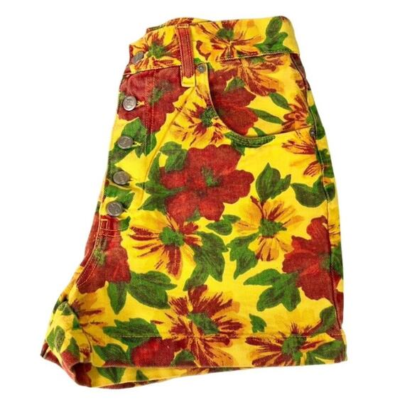 No Excuses Shorts Womens 26 High Waisted Floral Denim Button Fly Vintage 90s - Picture 4 of 13